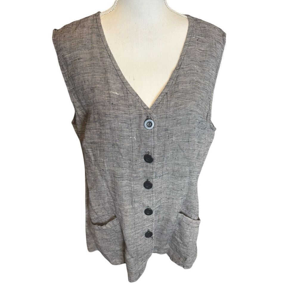 FLAX 100% Linen Sleeveless Button Down Blouse Sz L Summer